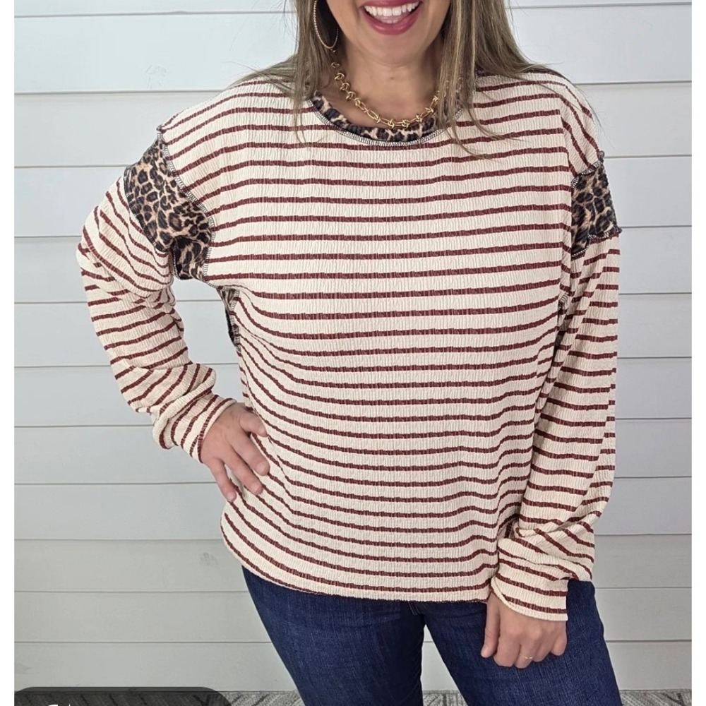 Heimish USA Leopard Stripe Patchwork Top Womens Small Burgundy Cream ET7995-21